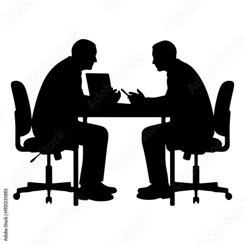 Two businessmen silhouettes meeting at desk with laptop, vector illustration