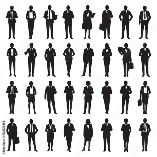 Business people silhouettes, group of standing business men and women 
