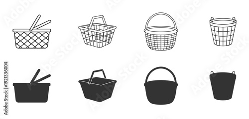 Shopping basket and bucket icons.Retail basket and plastic bucket icon collection. Outline and solid.