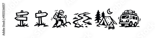 Outdoor Adventure, Camping and Hiking Travel Icons Set