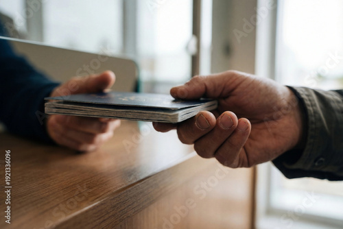 Close up of hands exchanging passport at service counter travel and identity verification concept