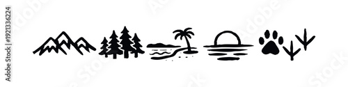 Mountains, Forests, Beaches and Wildlife Nature Icons Set
