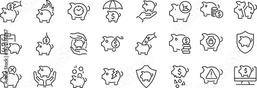 Set of outline icons related to piggy bank. Linear icon collection. Editable stroke. Vector