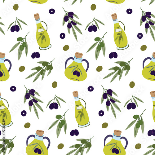 Seamless vector pattern with olive oil bottles and fresh olives. Organic Mediterranean food background for kitchen textile, grocery packaging, and cafe decor. Culinary design