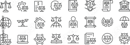 Set of outline icons related to justice scale. Linear icon collection. Editable stroke. Vector