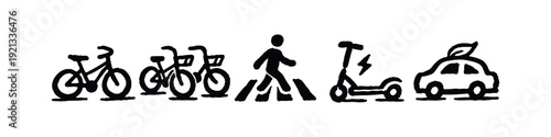 Hand-drawn set of sustainable and urban mobility icons with bicycles, pedestrian, electric scooter, and eco car.
