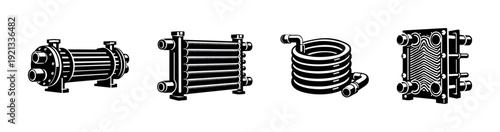 Heat exchangers vector icons set. black industrial symbols, machinery, equipment
