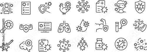 Set of outline icons related to virus. Linear icon collection. Editable stroke. Vector