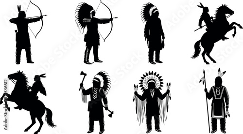 Black silhouette native warrior collection illustration with archers, tribal chiefs and horseback riders, traditional indigenous culture figures for history, 