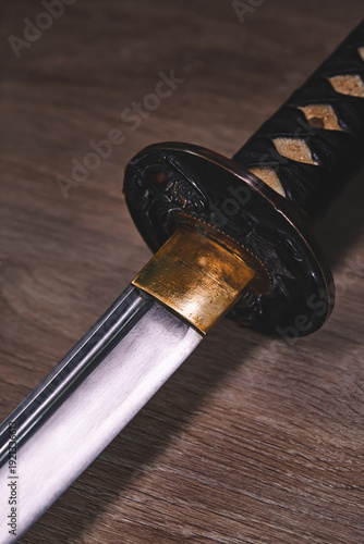 Japanese black katana sword close-up