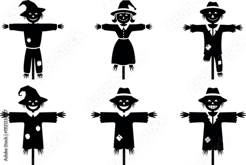 Black silhouette scarecrow collection illustration with smiling characters, spooky rural figures for Halloween decor, autumn harvest themes, farm festival design and seasonal graphic art