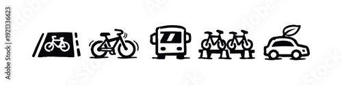 Hand-drawn set of urban and sustainable transport icons like bike lane sign, bicycle, bus, bikes on rack, and eco car.