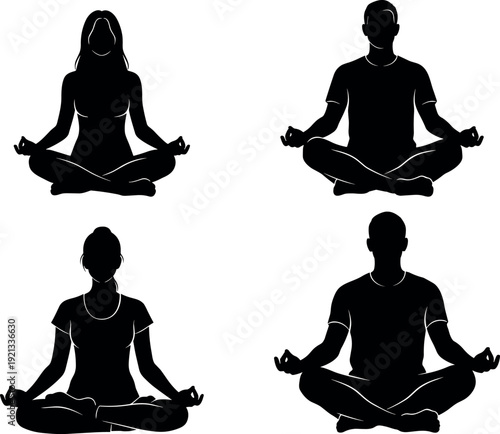 Black silhouette yoga meditation set with men and women sitting in lotus pose, mindfulness and relaxation concept illustration for wellness, balance, spirituality and healthy lifestyle design