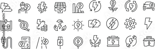 Set of outline icons related to energy. Linear icon collection. Editable stroke. Vector