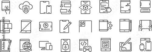 Set of outline icons related to tablet. Linear icon collection. Editable stroke. Vector