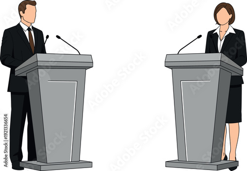 Business man and woman debating at podiums with microphones, professional political debate illustration isolated on white background, corporate presentation concept design