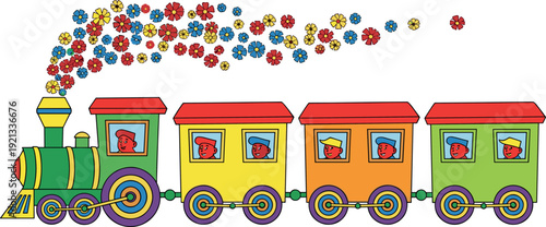 Colorful cartoon toy train illustration with smiling children, bright wagons and floral smoke, playful kids transport concept for nursery art, education, learning and fun design