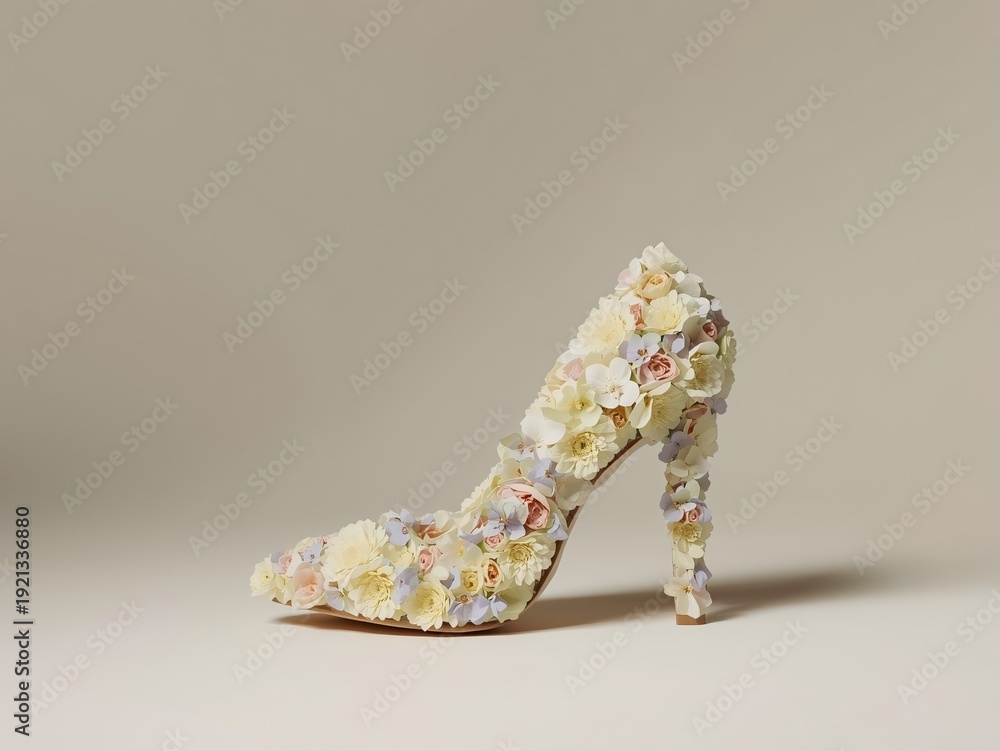 Fototapeta premium Luxury high heel pump entirely covered with delicate pastel blossoms in cream, lavender and blush. Ideal for spring 2026 fashion campaigns, bridal content, beauty brands and floral lifestyle design.