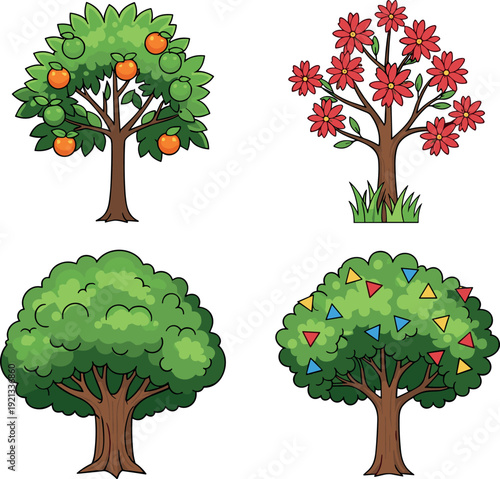 Cute cartoon tree set with fruits, flowers, lush green foliage and decorative elements, nature garden plants illustration collection isolated on white background
