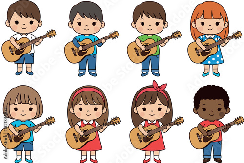 Cute children playing guitar illustration set with boys and girls, smiling kids musicians in colorful outfits for music education, school activities, nursery decor and playful learning design