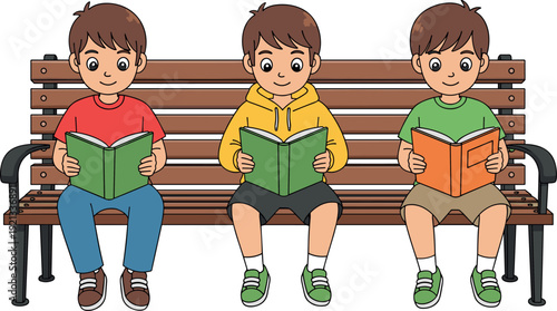 Cute children reading books on park bench illustration, three boys enjoying study time outdoors for education, literacy, learning habits and childhood development concept
