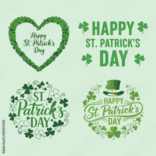 St Patrick Day green eco label set with natural leaf and organic badge design.