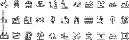 Set of outline icons related to landscaping. Linear icon collection. Editable stroke. Vector