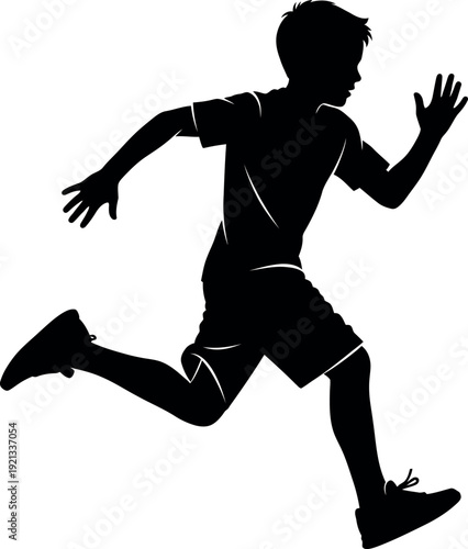 Black silhouette of a boy running to the right with arms outstretched and one leg lifted child jogging