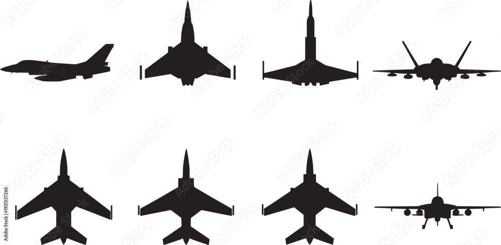 Fototapeta premium Military fighter jet silhouette icon set. Combat aircraft top, side, and front views for flight simulation and identification. Vector warplane symbols.