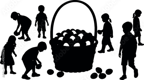 Silhouette of children picking up Easter eggs around a basket kids silhouettes