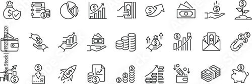Set of line icon related to income, salary, money, business. Outline icon collection. Editable stroke. Vector