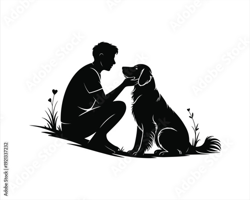 Owner sitting with Golden Retriever Vector silhouette illustration design, owner sitting with golden retriever vector, person with golden retriever silhouette, dog owner sitting vector illustration