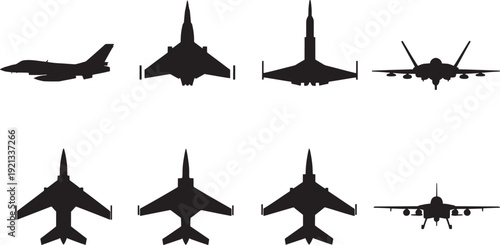 Military fighter jet silhouette icons set. Vector collection of supersonic aircraft, stealth bombers, and air force warplanes isolated on white for aviation and defense designs.