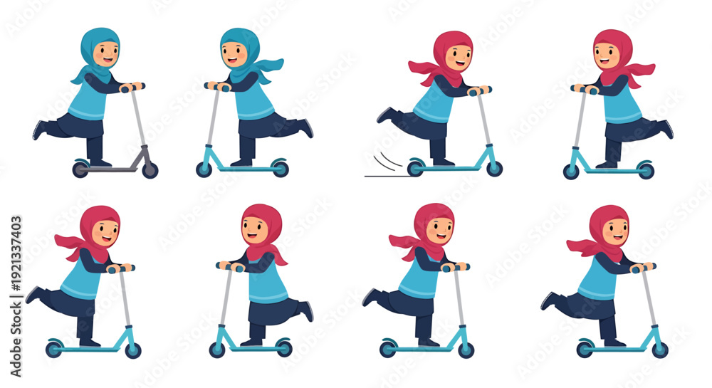 Fototapeta premium Collection of Muslim Girls Riding Scooters in Various Poses.