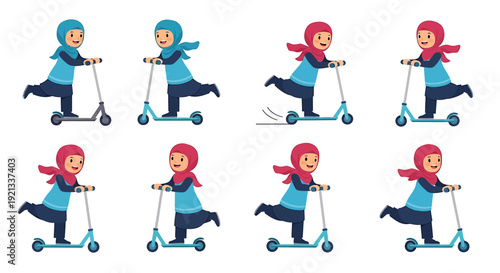 Collection of Muslim Girls Riding Scooters in Various Poses.
