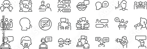 Set of outline icons related to speaking, talking. Linear icon collection. Editable stroke. Vector