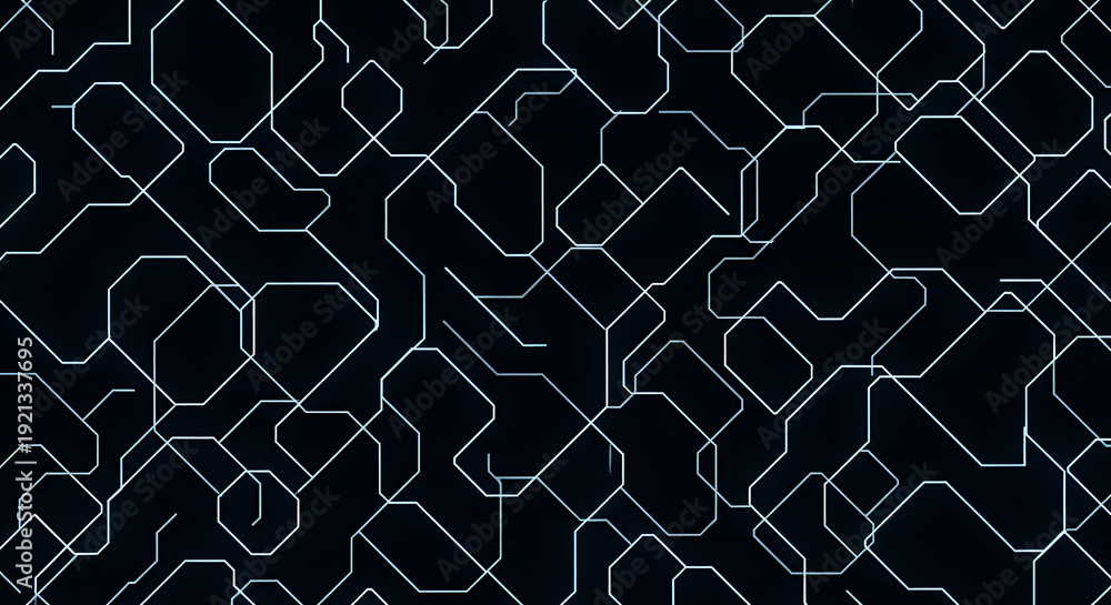 Fototapeta premium Modern geometric pattern with neon blue hexagons on black background