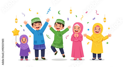 Happy Muslim Kids Celebrating Eid alFitr with Joyful Expressions.