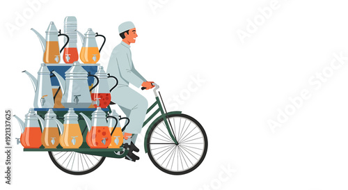 Man on Bicycle Selling Traditional Arabic Coffee and Tea from Pots and Jugs.