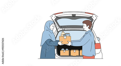 Man and Woman Loading Boxes into Car Trunk for Delivery or Moving.