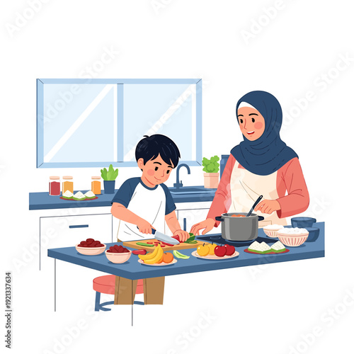 Mother and Son Cooking Together in a Bright Kitchen.