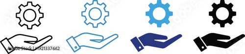 Business support and settings icon set with hand holding gear, service management, assistance, configuration and technical solution concepts
