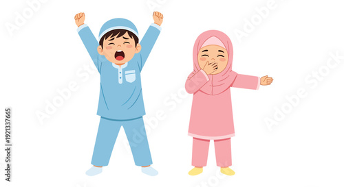 Muslim children yawning and stretching after waking up.