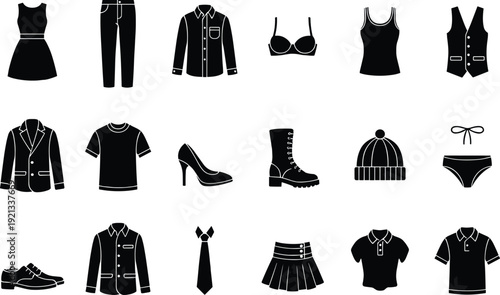 Black clothing silhouette icon set featuring men and women fashion apparel shoes underwear accessories isolated on white background