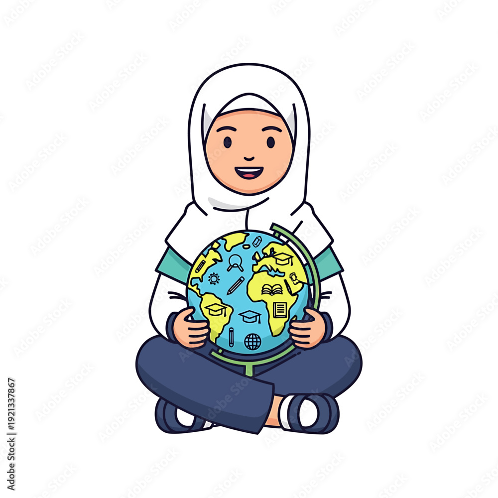 Naklejka premium Young Muslim girl wearing hijab holding a globe symbolizing education and global awareness.