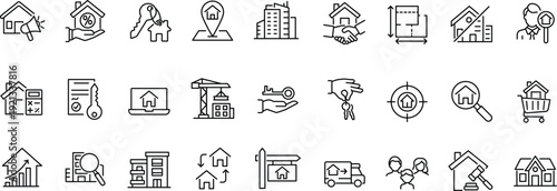 Set of line icons related to real estate, property, buying, renting, house, home. Outline icon collection. Editable stroke. Vector