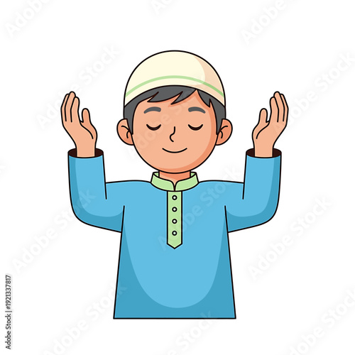 Young Muslim Boy Praying with Hands Raised in Devotion.