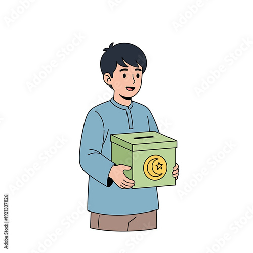 Young Muslim Boy Holding Donation Box for Charity.