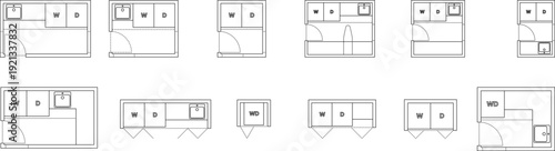 Laundry room layouts set, washer dryer floor plan with sink, top view, blueprint, editable stroke, vector
