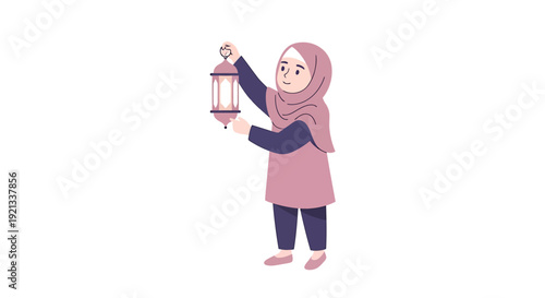 Young Muslim Girl Holding a Ramadan Lantern.